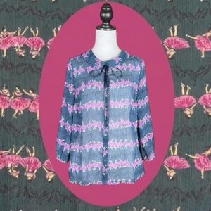 ModCloth Balletcore Retro Blue & Pink Ballerina Print Sheer 3/4 Sleeve Top M